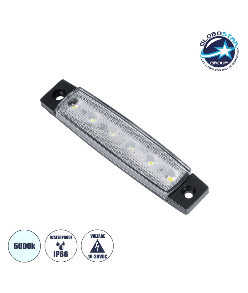 GloboStar® 79900 Πλευρικά Φώτα Όγκου Φορτηγών LED 6 SMD 2835 DC 10-30V Πλαστικό PVC Αδιάβροχο IP66 Ψυχρό Λευκό 6000K